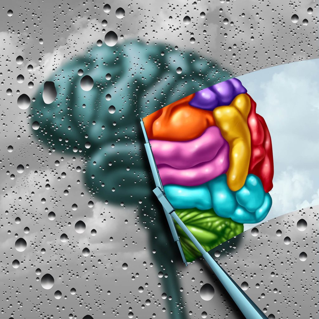 Image of a squeegee wiping the gray off a colorful brain. You might struggling with things that are symptoms of ADHD in Indiana 46112.Get a mental health evaluation for a plan for ADHD medication such as Ritalin & Adderall in Fort Wayne, IN 46808.