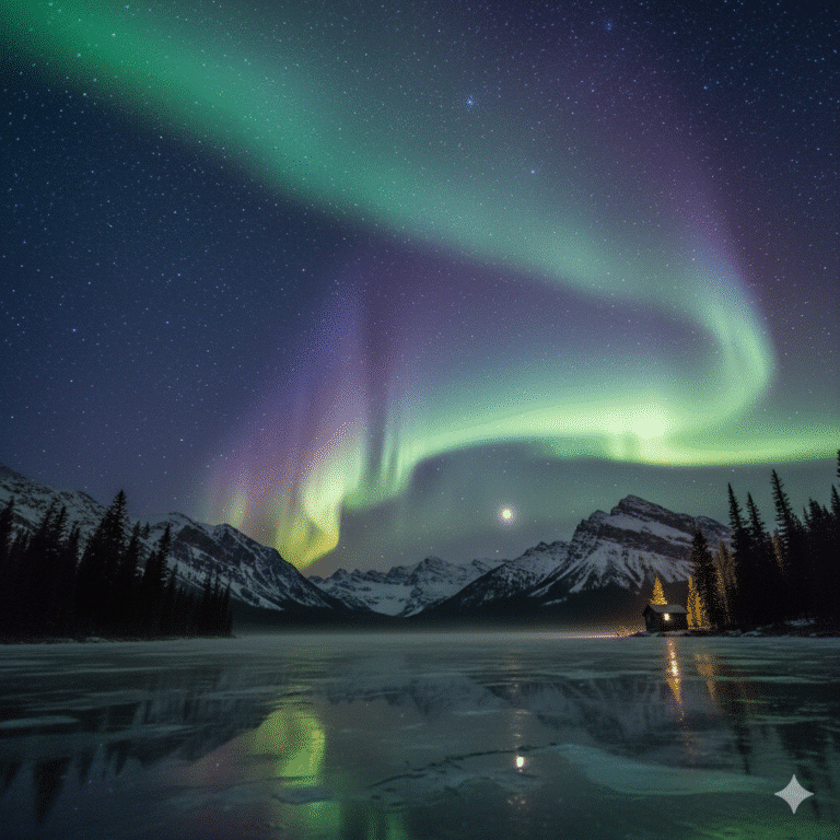 Anxious Afterhours 3 Night sky with the aurora lights, starts, and a little cabin in the distance