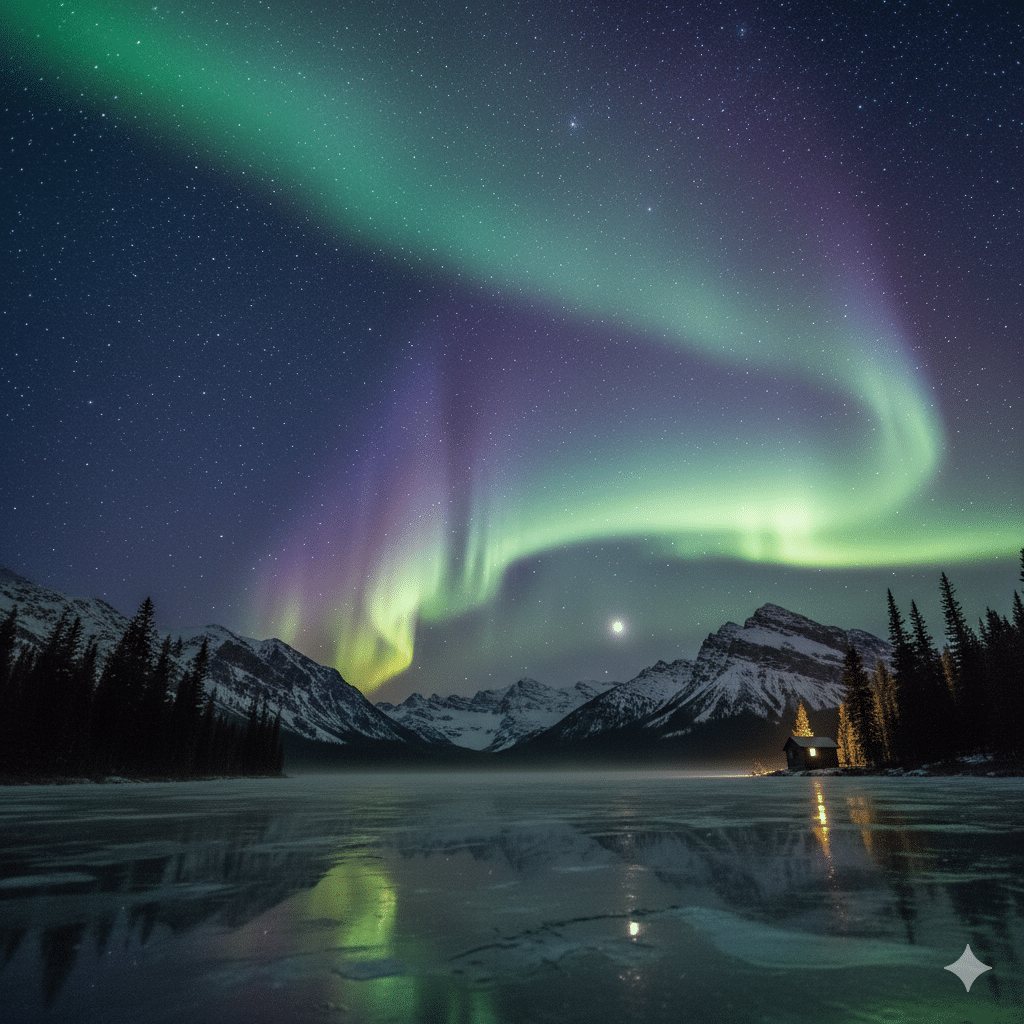Anxious Afterhours 1 Night sky with the aurora lights, starts, and a little cabin in the distance