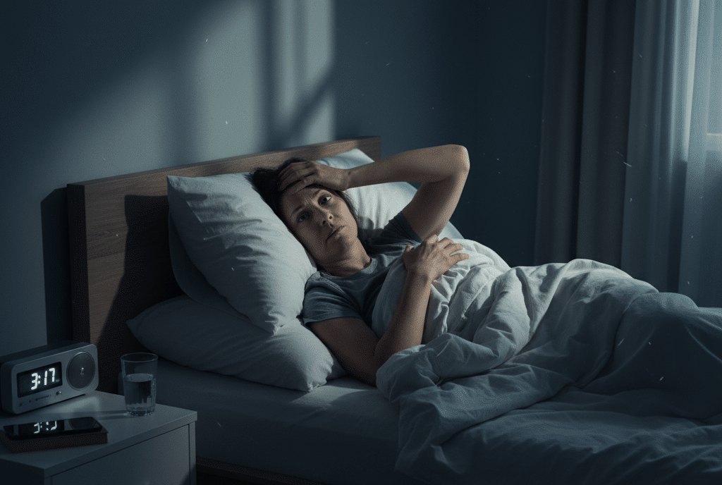 Why Sleepless Nights and Mental Health Go Hand in Hand 1 Woman laying in bed at night unable to sleep