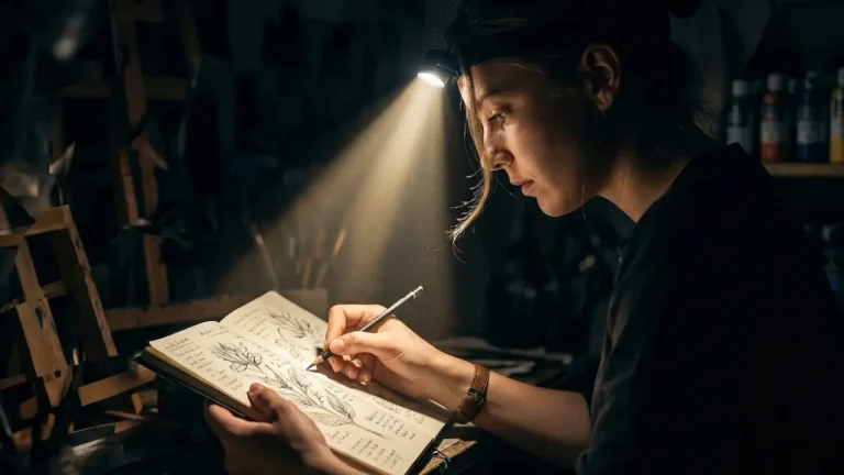 A woman in a dark room experiencing when ADHD causes hyperfocus, illuminated by a singular intense beam of light from a headlamp onto a detailed botanical sketchbook, representing concentrated attention.