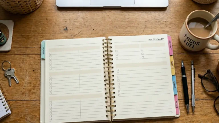 A top-down view of an open spiral ADHD cleaning planner on a wooden desk, featuring colorful tabs, a "Focus Fuel" coffee mug, and eyeglasses. Representing a clutter-free system for executive dysfunction.