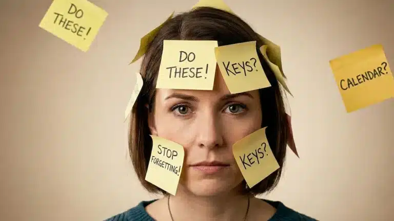 A woman looking overwhelmed with sticky notes labeled 'Keys?' and 'Calendar?' stuck to her face, illustrating the mental load of ADHD forgetfulness.