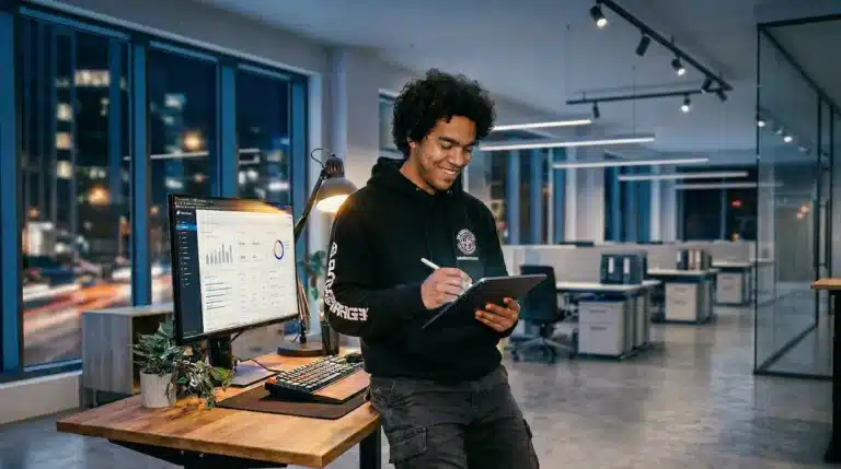 A focused professional demonstrating how ADHD is a superpower by using hyperfocus to work on a digital tablet in a modern office setting.