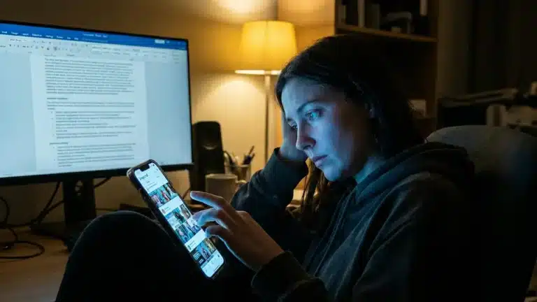 A woman struggling with ADHD procrastination looking frustrated while scrolling on her phone, avoiding an open document on a computer screen in a dimly lit room.