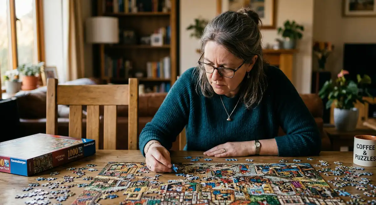 A focused woman sitting at a table attempting a complex puzzle, symbolizing the cognitive load and executive function challenges of adult ADHD getting worse with age.