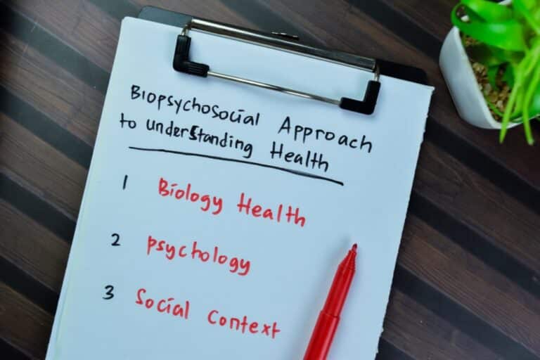 Infographic showing the three pillars of a biopsychosocial mental health assessment.
