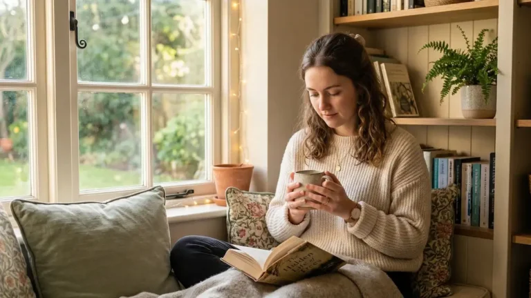 A woman sitting in a sunlit window nook reading a book and holding a mug, illustrating how caffeine calms ADHD brains by creating a sense of focus and physical relaxation.