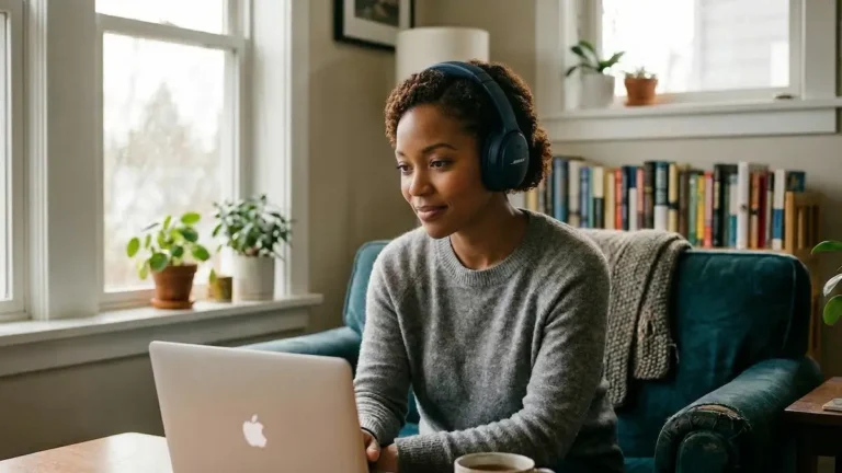 A woman in West Lafayette attending a first virtual psychiatry visit on her laptop using headphones for privacy.