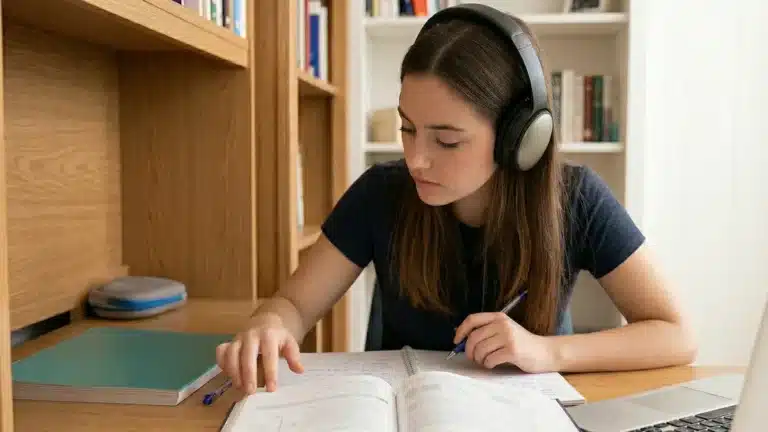 A student wearing noise-canceling headphones studying with a focused expression at a desk, demonstrating how to study with ADHD using sensory tools.