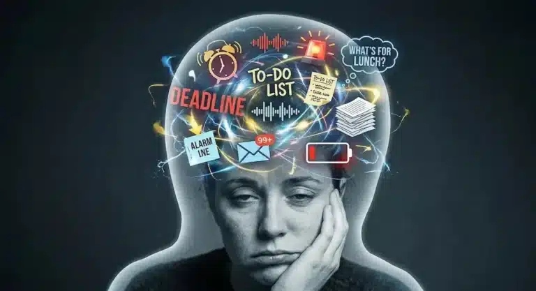 A symbolic illustration of why ADHD brains feel exhausted. A weary person's transparent head is filled with a chaotic mix of tasks and thoughts.