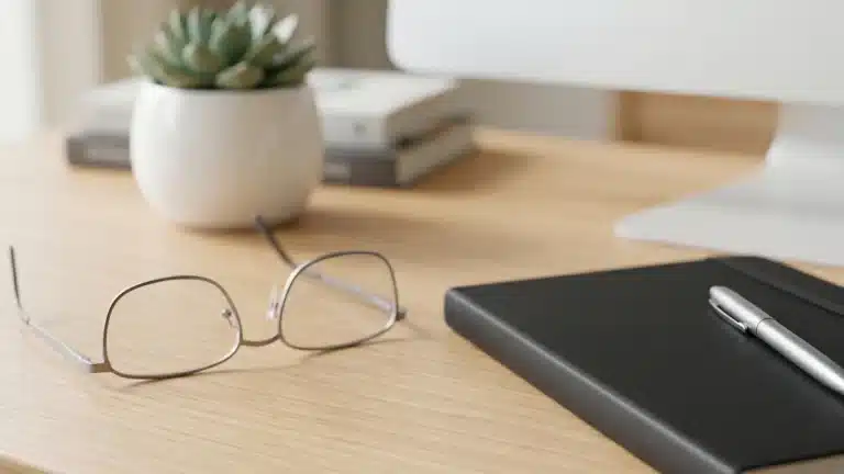 Clean desk with glasses and notebook representing organized ADHD telehealth appointments with IN Focus First vs ZocDoc