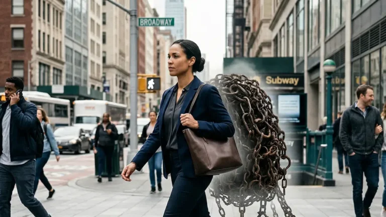 A professional woman walking confidently on a busy city street while carrying a large, invisible pile of heavy chains, symbolizing the hidden struggle of a late ADHD diagnosis in high achievers.