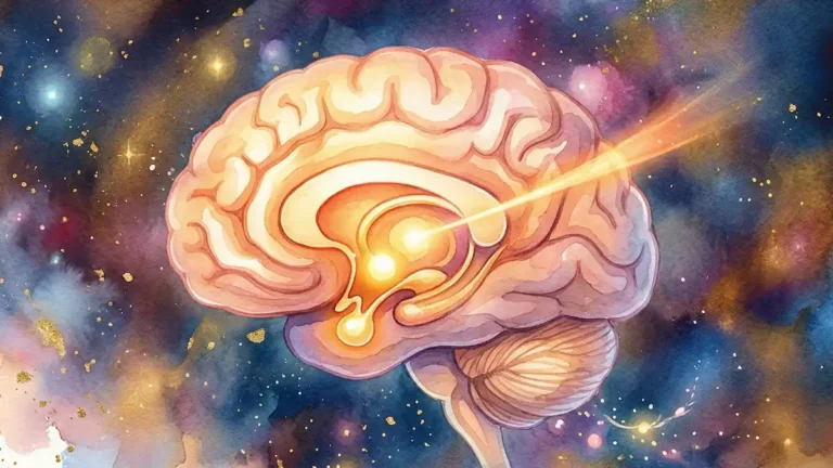 A watercolor illustration of a human brain featuring glowing nodes to represent the HPA axis and the production of low cortisol. The brain is set against a background of purple and gold nebula clouds, symbolizing the connection between biology and mental health.