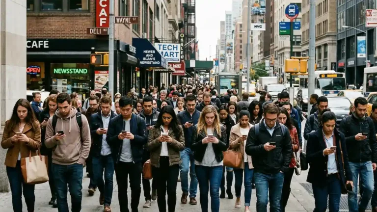 People walking on a busy street while distracted by their phones, representing the loneliness epidemic and lack of face-to-face interaction.