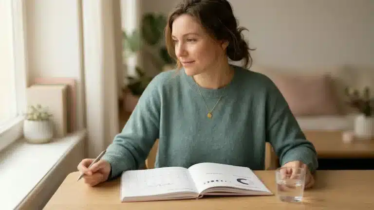 A woman sitting at a desk tracking her cycle in a planner to manage Vyvanse side effects in females and ADHD focus patterns.