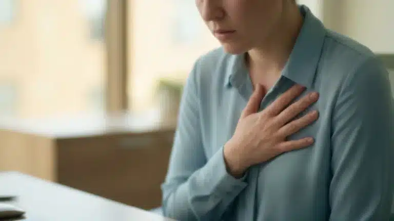 A woman sitting at a desk in an office, holding her hand over her chest as she experiences physical symptoms, answering the question: "What does a panic attack feel like?