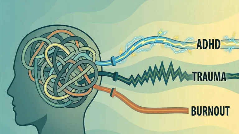 Graphic illustration of a human head with a tangled knot of wires inside, untangling into three distinct labeled paths: ADHD, Trauma, and Burnout. This represents the overlapping symptoms and differences between leading people to ask "Why can't I focus?"
