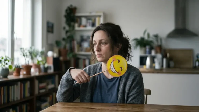 A tired woman holding a fake happy smile mask, representing the chronic masking and burnout experienced when depression treatments and antidepressants not working.