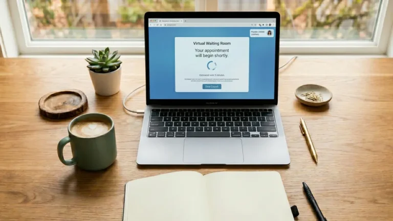 A clean, organized desk featuring a laptop open to a virtual telehealth waiting room screen, alongside a coffee mug and an open notebook, representing adult ADHD online care options in Indiana.