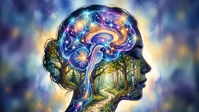 A watercolor silhouette of a person's profile, blending the biological and behavioral aspects of mental health. The upper brain section shows glowing neural pathways, while the lower section depicts a peaceful forest path, illustrating the difference between psychiatry vs psychology.