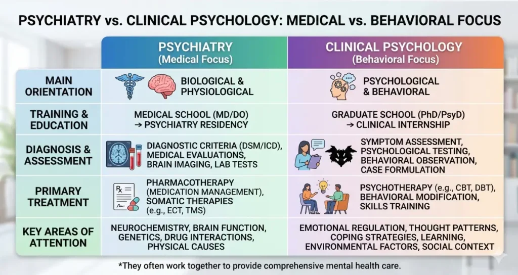 Side-by-side comparison chart explaining the medical focus of psychiatry versus the behavioral focus of clinical psychology.
